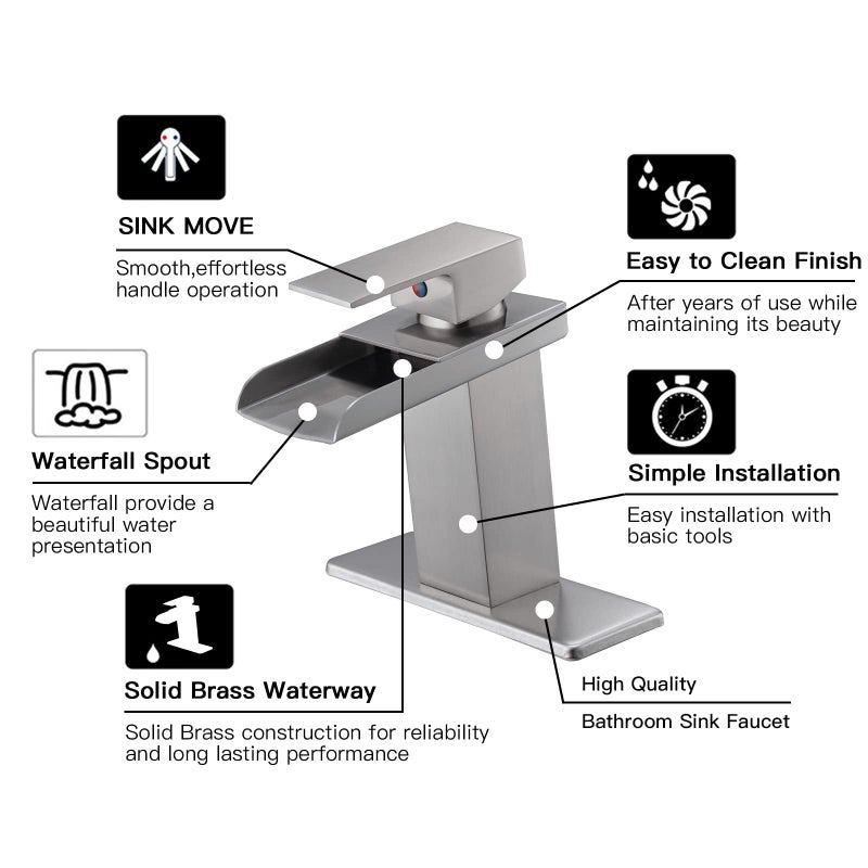 Homevacious Brushed Nickel Bathroom Faucet Waterfall Bathroom Vanity Sink Faucet Single Handle with Pop Up Drain and Deck Plate Modern Single Hole Lavatory Basin Commercial Faucets Mixer Tap - Image 5
